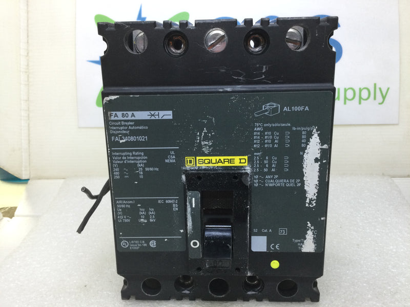 Square D FAL340801021 80 Amp 3 Pole 480V Circuit Breaker w/Shunt Trip