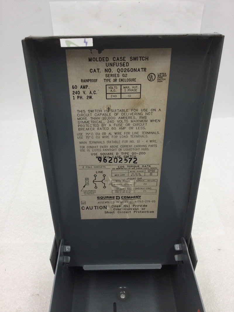 Square D QO260NATR 60 Amp 240V I Phase 2 Wire Series G1 3R Enclosure 5" x 9.25"