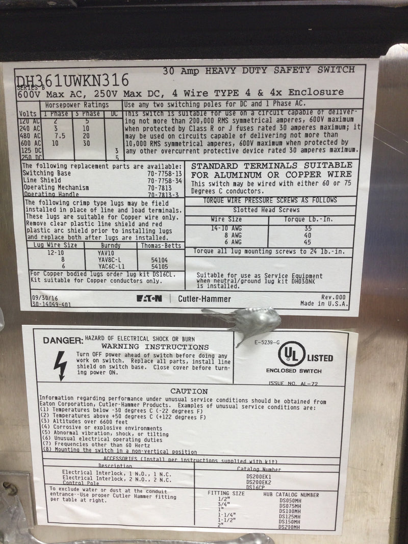 Eaton DH361UWKN316 Safety Switch 30 Amp 3 Pole 4 Wire 600 VAC Type 4 Enclosure