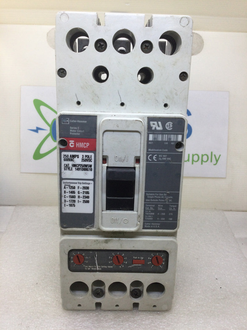 Eaton Cutler Hammer HMCP250W5W 250 Amp 600 Vac 3 Pole Circuit Breaker