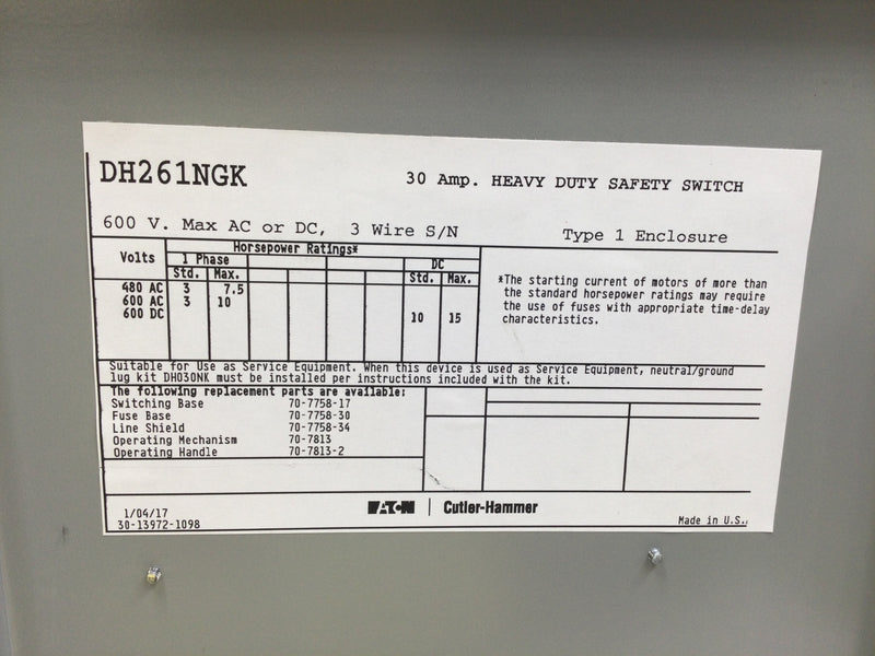 Eaton DH261NGK 30 Amp 600Vac Fusible Safety Switch