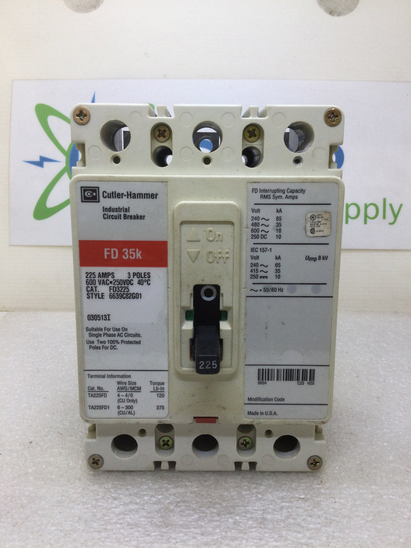 Eaton FD3225 225 Amp 3 Pole 600v FD 35k Circuit Breaker Red Label