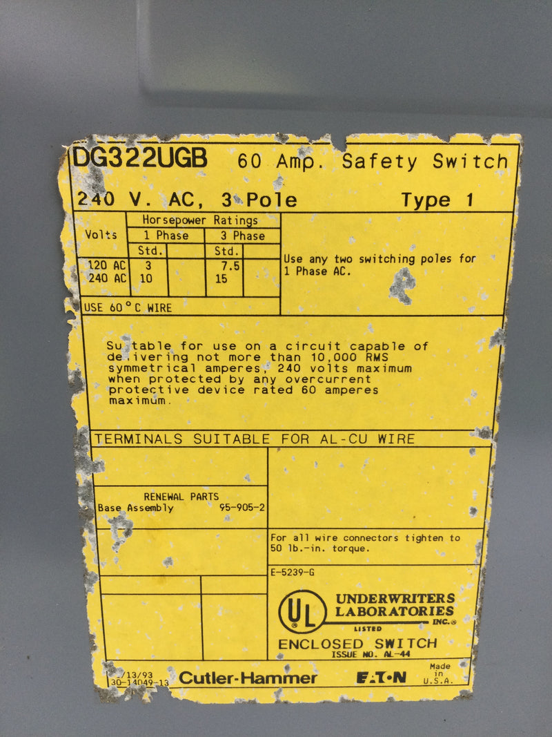 Eaton DG322UGB Single Phase 30A 240VAC Non-Fused General Duty Safety Switch