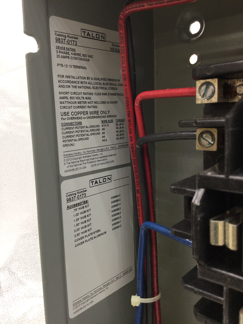 Siemens/Talon 9837-0173 20A Continuous 3 Phase/4 Wire 600VAC Type Nema3R 13 Jaw Meter Enclosure