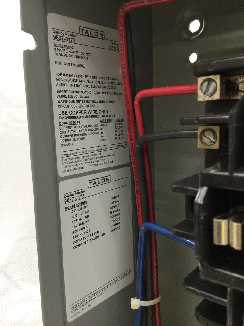 Siemens/Talon 9837-0173 20A Continuous 3 Phase/4 Wire 600VAC Type Nema3R 13 Jaw Meter Enclosure