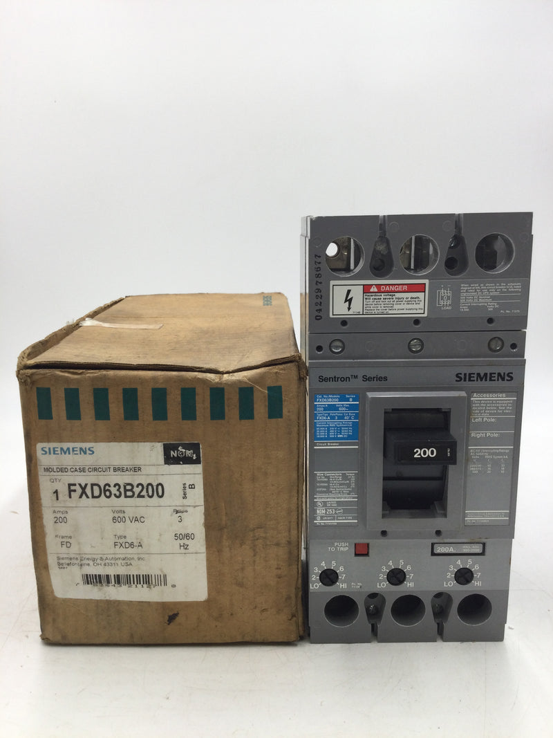 Siemens FXD63B200 3 Pole 200 Amp 600VAC Sentra Series Type FXD6-A Circuit Breaker