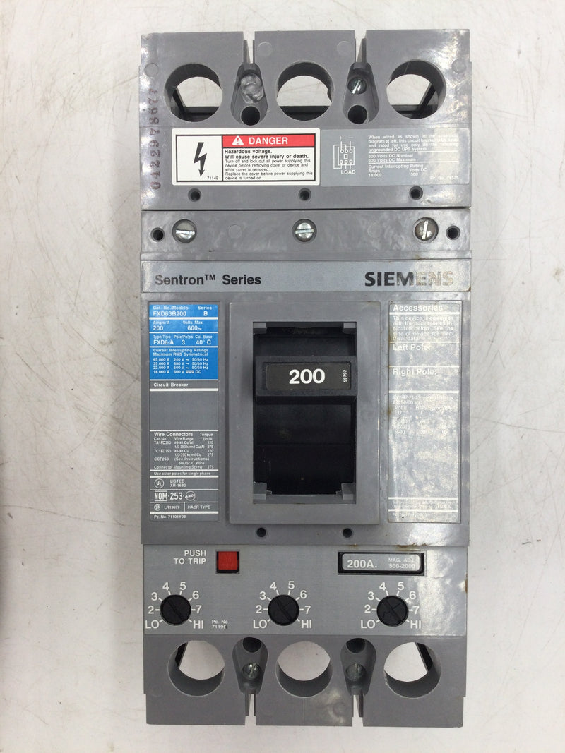 Siemens FXD63B200 3 Pole 200 Amp 600VAC Sentra Series Type FXD6-A Circuit Breaker