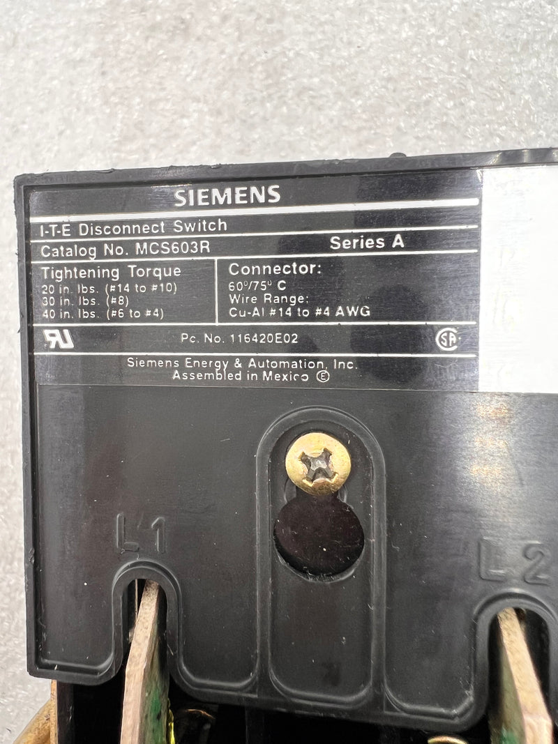 Siemens MCS603R, I-T-E Auxiliary Switch Kit.