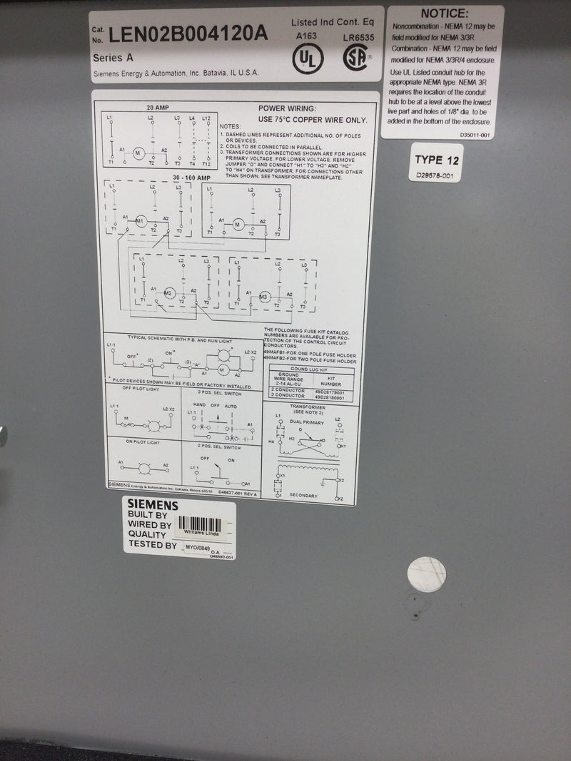 Siemens LEN00B004120A Lighting and Heating Contactor 20 Amp 277 VAC Single Phase 277/480 VAC 3 Phase in NEMA 12 Enclosure