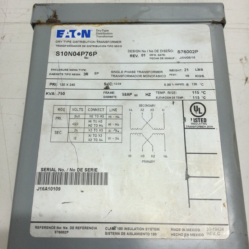 Eaton S10N04P76P .750 KVA Boost/Buck Encapsulated Single Phase Transformer Primary 120/240 VAC Secondary 12/24 VAC