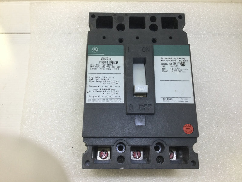 GE General Electric TED134150 150 Amp 3 Pole 480Vac Circuit Breaker