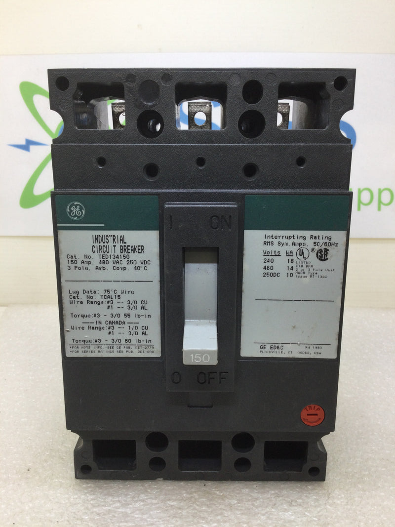 GE General Electric TED134150 150 Amp 3 Pole 480Vac Circuit Breaker