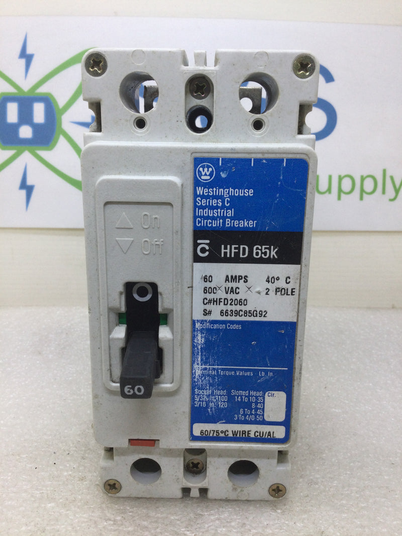 Westinghouse HFD2060 60 Amp 2 Pole 600Vac Circuit Breaker