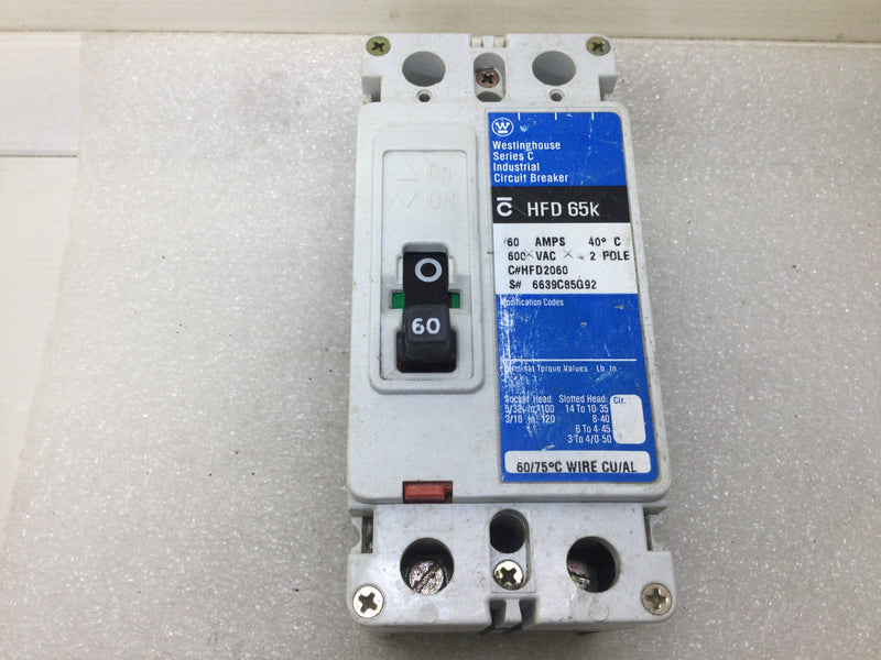 Westinghouse HFD2060 60 Amp 2 Pole 600Vac Circuit Breaker