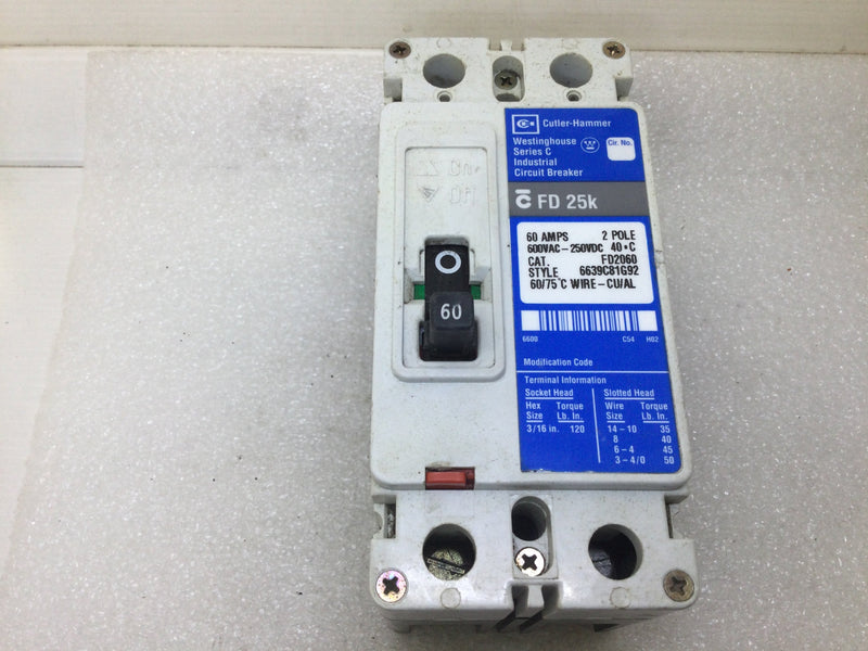 Cutler Hammer/Westinghouse FD2060 60 Amp 2 Pole 600Volt Circuit Breaker