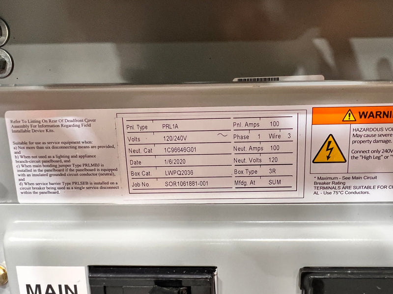 Eaton PRL1A 100 Amp Main Breaker 28 Space 120/240v Panel with Nema 3R LWPQ2036 Enclosure Complete Panelboard