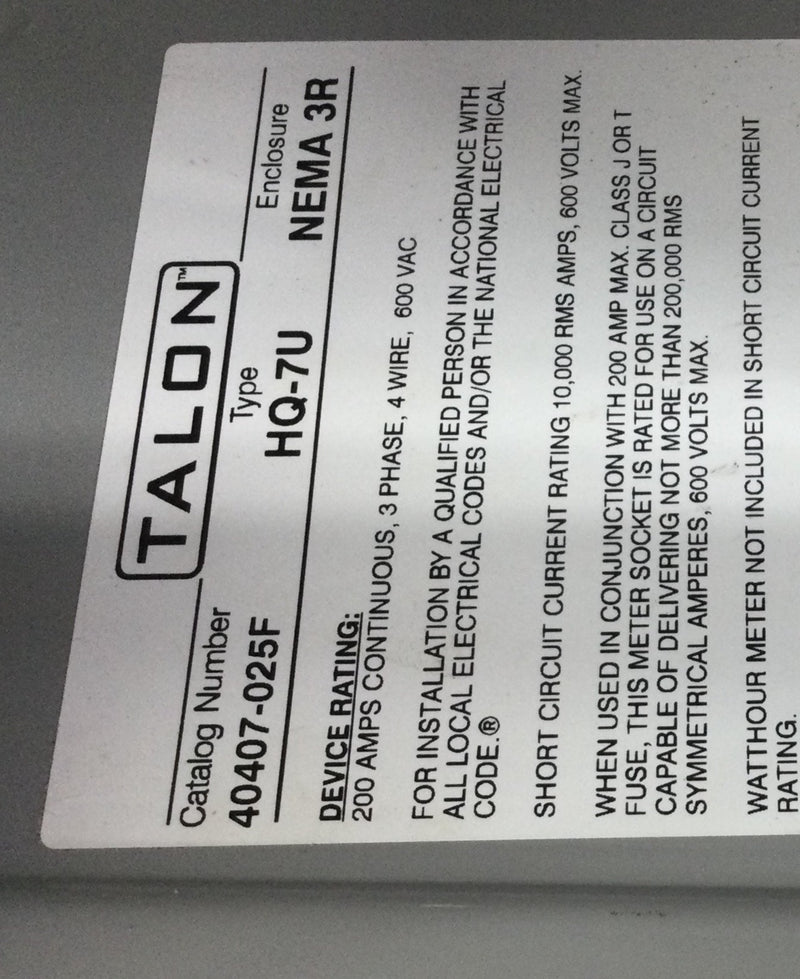 Siemens/Talon 40407-025F 200 Amp 3 Phase 600 VAC 7 Jaw Nema 3R Meter Socket