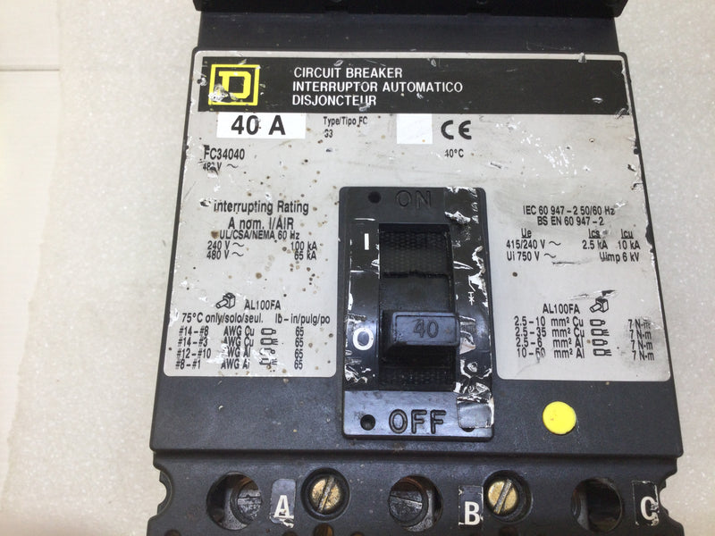 Square D FC34040 40 Amp 3 Pole 480V Circuit Breaker