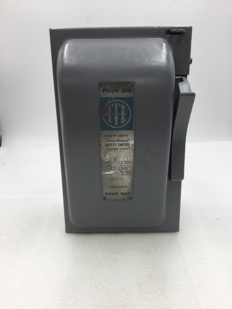 ITE F-352 60 Amp 3 Phase 600 VAC 30 HP Vacu-Break Fusible Safety Switch