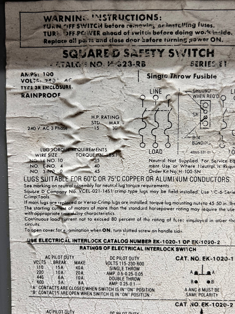 Square D H323-RB Safety Switch 100Amp 240V Series E1 3-Phase H323RB