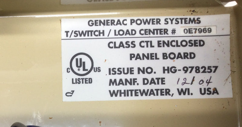 Generac 0E 7969 100 Amp Automatic Transfer Switch and Load Center 120/240 VAC 1 Phase 3 Wire