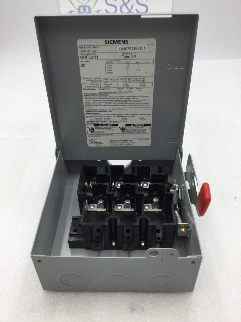 Siemens GNF321R Type 3R General Duty Non-Fused Safety Switch 30 Amp 3 Pole 240 VAC