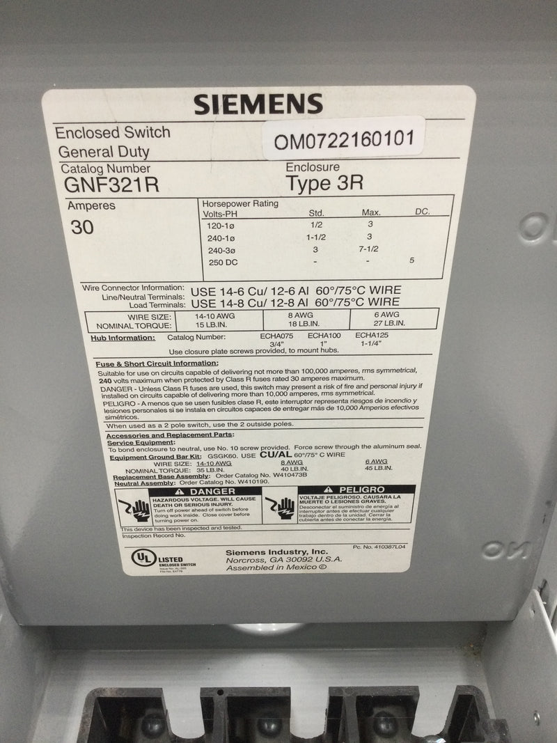 Siemens GNF321R Type 3R General Duty Non-Fused Safety Switch 30 Amp 3 Pole 240 VAC