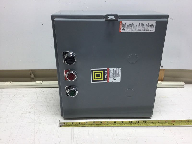 Square D 8903LG60V02CP91P92 Nema 1 Motor Starter Enclosure Only with Red & Green Indicating Lights & Hand/Off/Auto Switch 15" X 14"