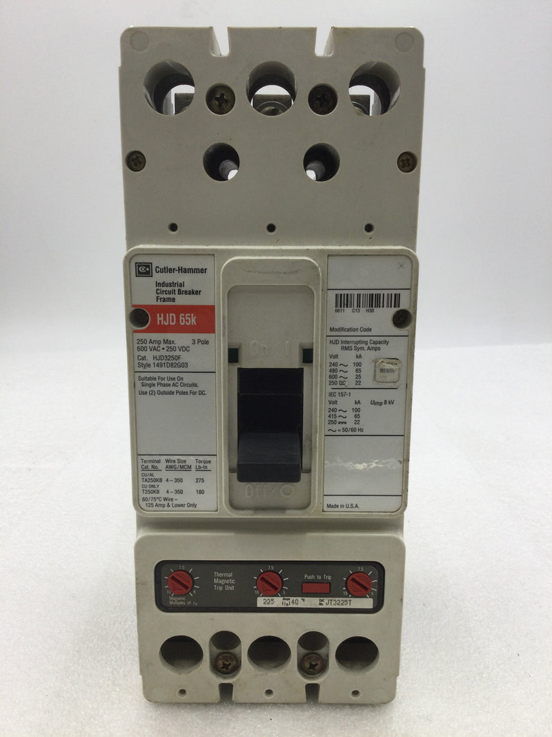 Cutler Hammer HJD3250F w/JT3225T Trip 3 Pole 250 Amp 600v HJD65k Circuit Breaker