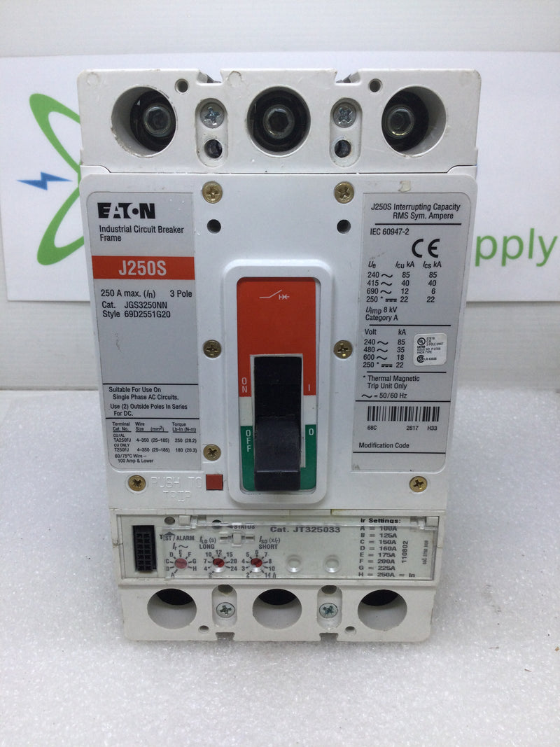 Eaton Industrial JGS3250NN 3 Pole 250 Amp J250S Circuit Breaker w/ JT325033 Trip