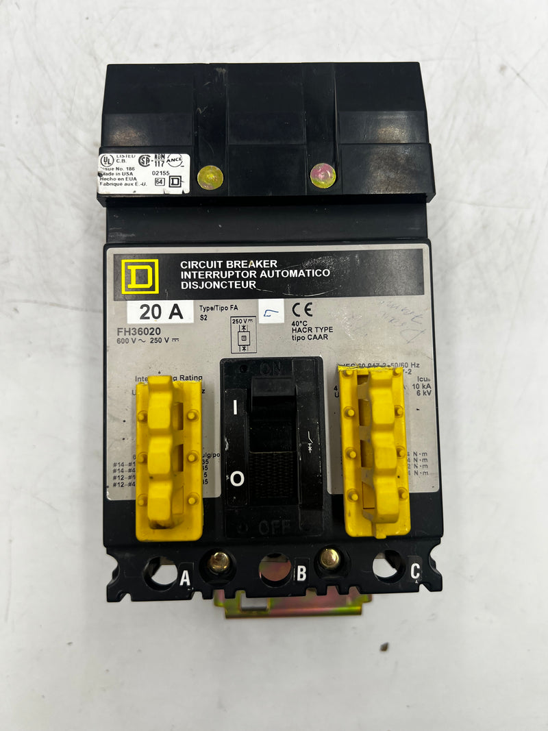 Square D FH36020 3 Pole 20 Amp 600 Volt 25k I-Line Circuit Breaker