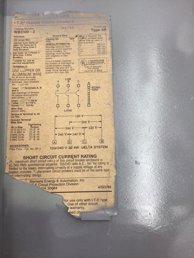 ITE Siemens WB3100-2 Load Center Nema 3R Panel Cover Only 7" X 17"