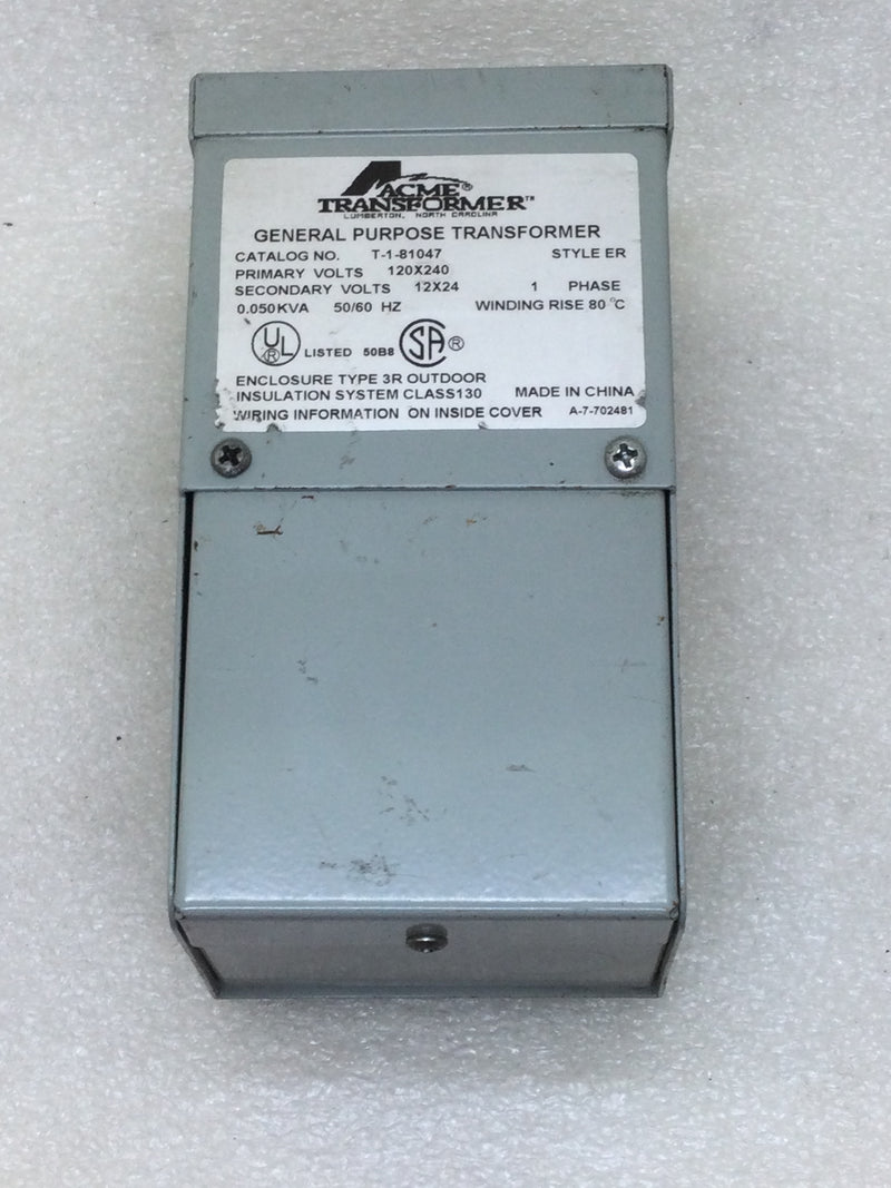 Acme Transformer T-1-81047 Primary 120V x 240V Secondary 12V x 24V .050 KVA 50/60Hz Single Phase General Purpose Transformer