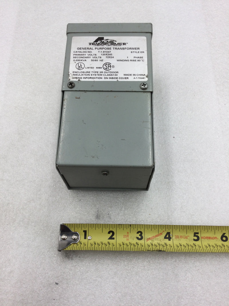 Acme Transformer T-1-81047 Primary 120V x 240V Secondary 12V x 24V .050 KVA 50/60Hz Single Phase General Purpose Transformer