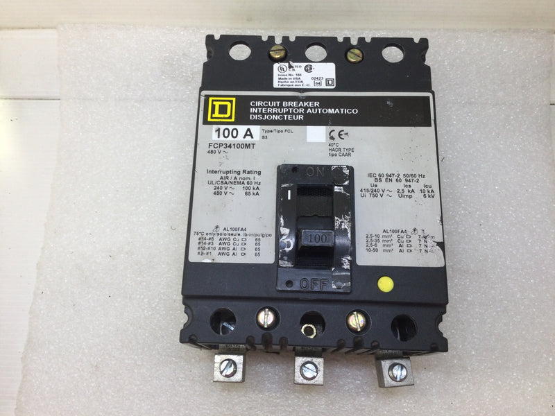 Square D FCP34100MT 100 Amp 3 Pole 480V Circuit Breaker