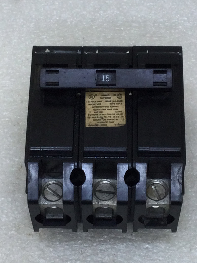 Crouse Hinds MP315 15 Amp 3 Pole Type MP-A Circuit Breaker MPA315