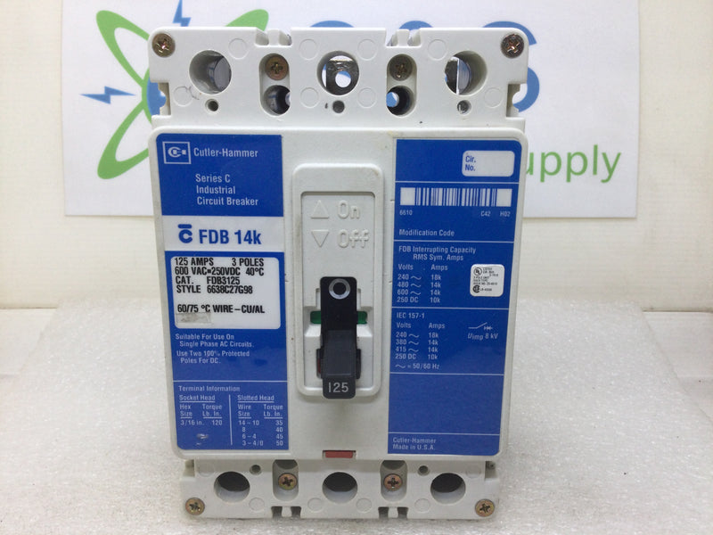 Cutler Hammer FDB3125 125 Amp 3 Pole 600Vac Circuit Breaker