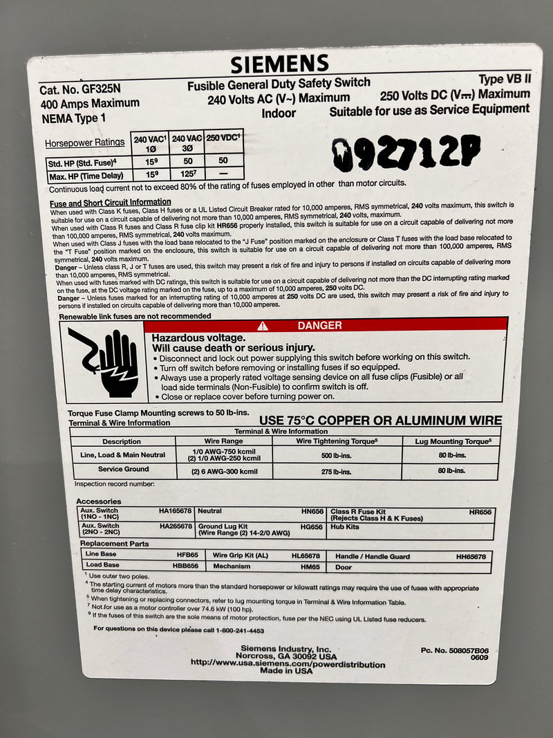 Siemens Fusible General Duty Safety Switch GF325N 400 Amp Nema 1 Type VBII 240v