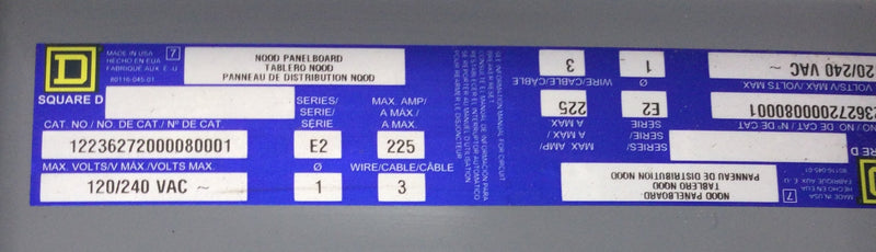 Square D 12236272000080001 NQOD Series E2 Series 225 Amp Main Breaker Panelboard NQOD 30 Space/Circuit