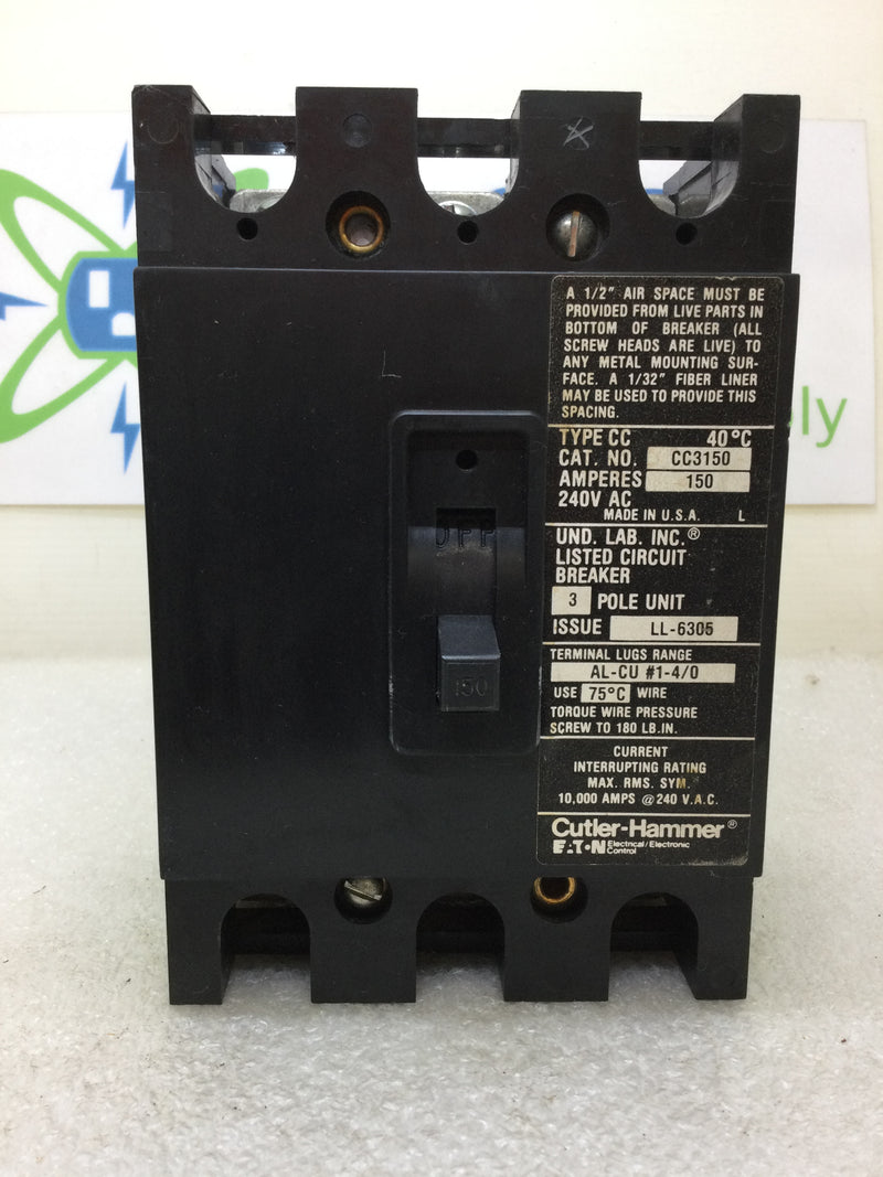 Eaton Cutler Hammer CC3150 150 Amp 3 Pole 240Vac Type CC Circuit Breaker