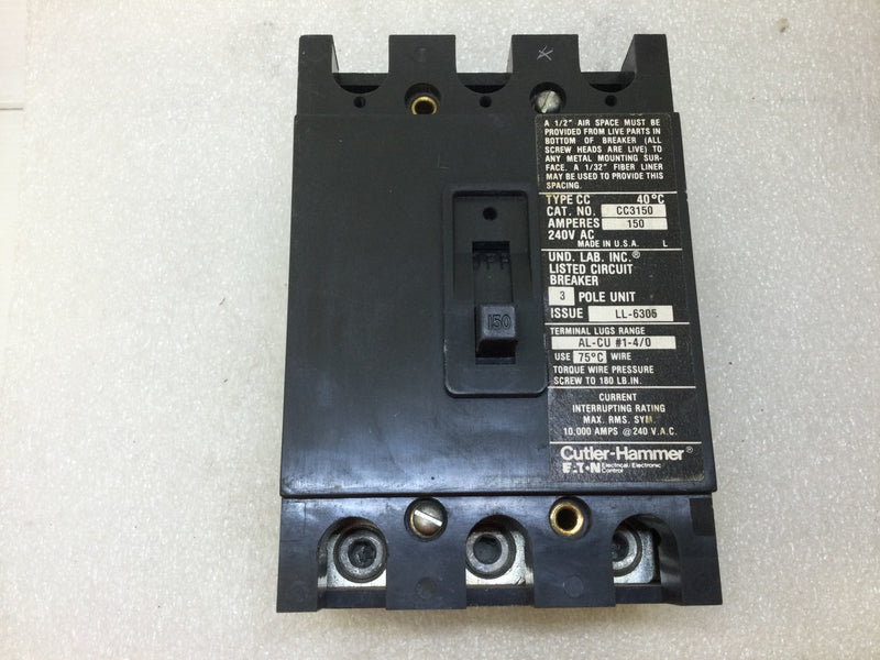 Eaton Cutler Hammer CC3150 150 Amp 3 Pole 240Vac Type CC Circuit Breaker