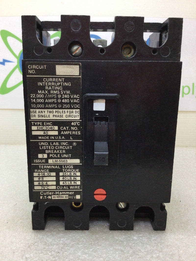 Eaton Cutler Hammer EHC3040 40 Amp 3 Pole 480Vac Circuit Breaker