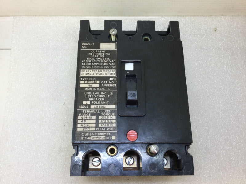 Eaton Cutler Hammer EHC3040 40 Amp 3 Pole 480Vac Circuit Breaker