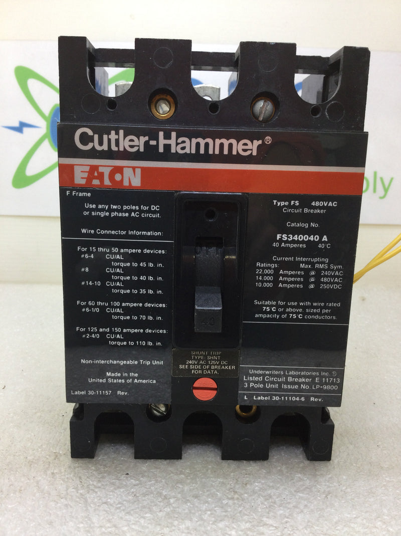 Cutler Hammer FS340040A 40 Amp 3 Pole 480Vac Circuit Breaker w/Shunt Trip