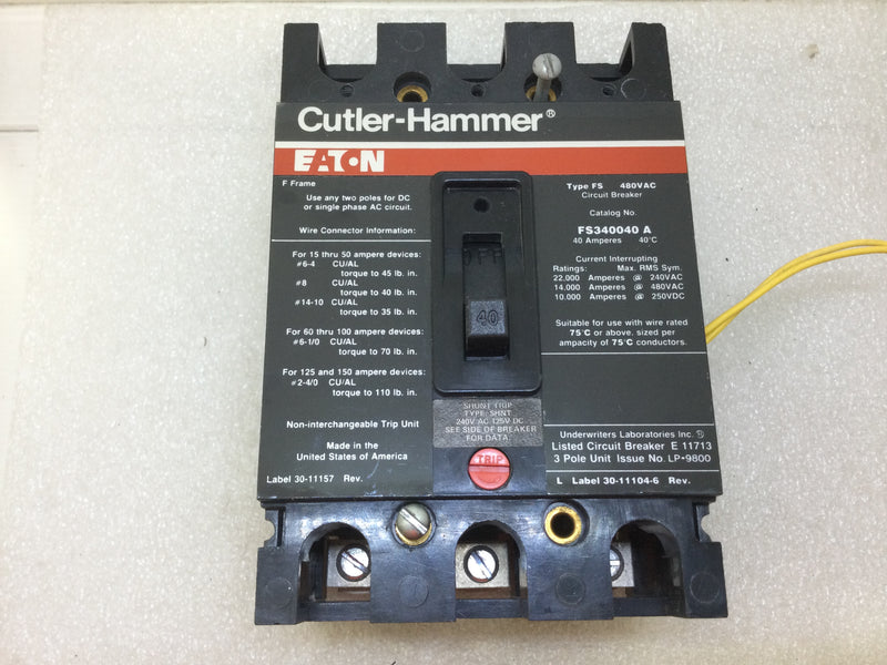 Cutler Hammer FS340040A 40 Amp 3 Pole 480Vac Circuit Breaker w/Shunt Trip