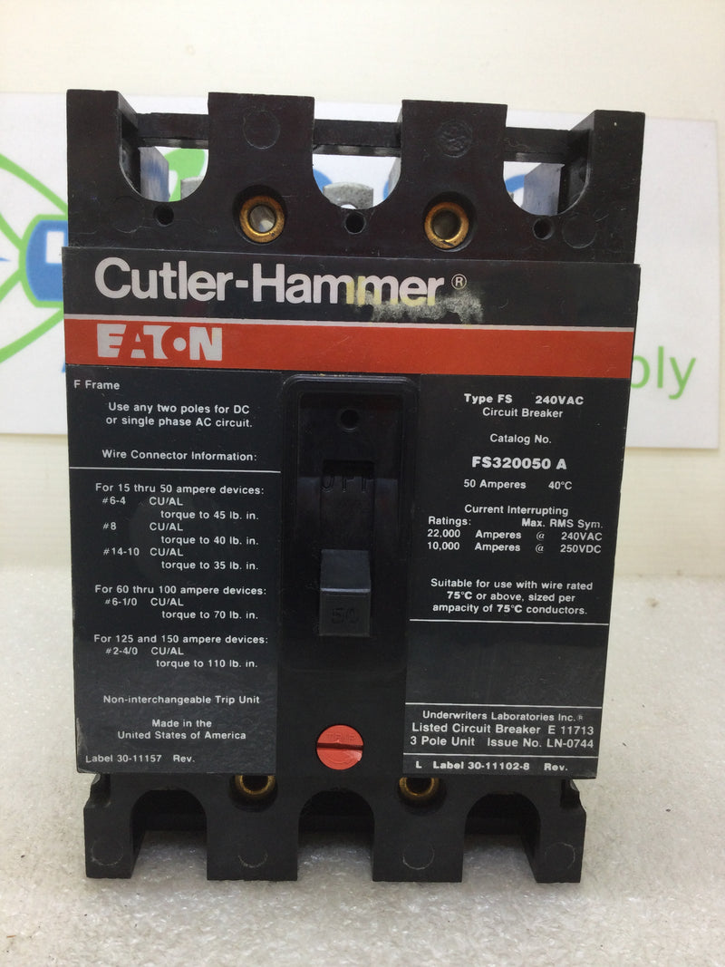 Cutler Hammer FS320050A 50 Amp 3 Pole 240Vac Circuit Breaker