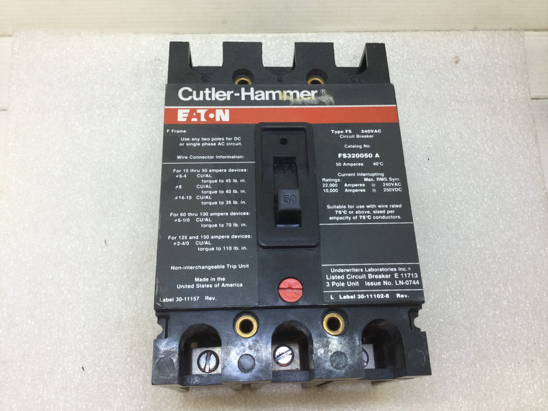 Cutler Hammer FS320050A 50 Amp 3 Pole 240Vac Circuit Breaker