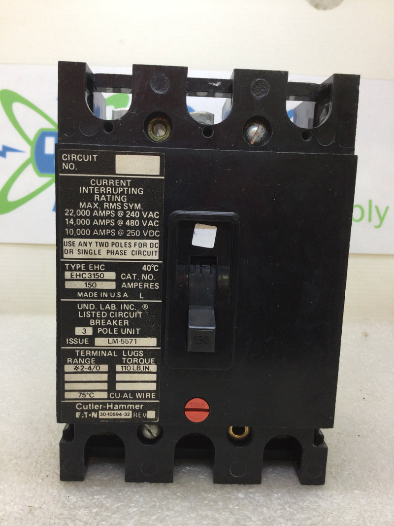 Eaton Cutler Hammer EHC3150 150 Amp 3 Pole 480Vac Circuit Breaker