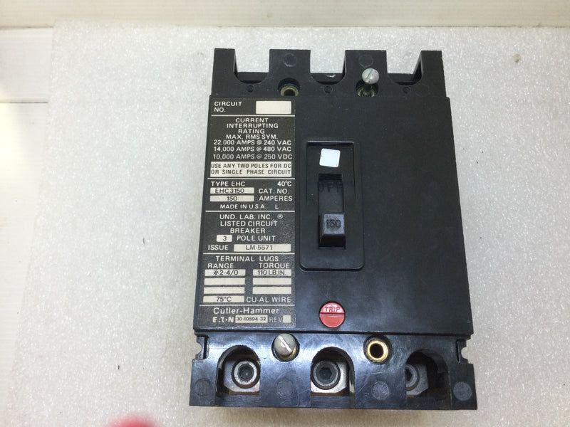 Eaton Cutler Hammer EHC3150 150 Amp 3 Pole 480Vac Circuit Breaker