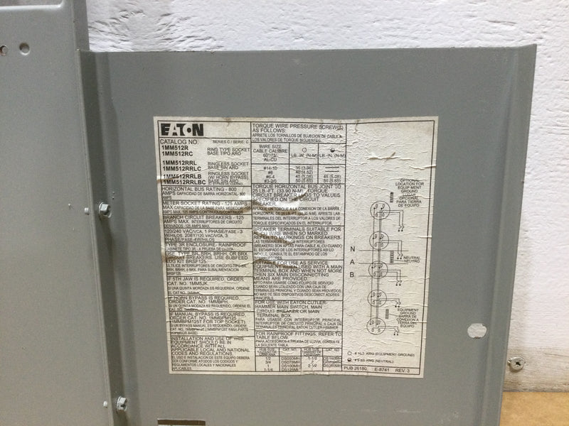 Eaton 1MM512RRL residential meter stack 125 Amp Bus Rating 800 Amp 120/240v 1 Phase 3 Wire 4 Position Meter Cover 57 1/4" x 12"